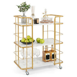 Costway Buffet Serving Cart 3 Tier Rolling Bar Cart With White Faux Marble Shelves & Golden Metal Frame White - thumbnail 6