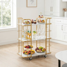 Costway Buffet Serving Cart 3 Tier Rolling Bar Cart With White Faux Marble Shelves & Golden Metal Frame White - thumbnail 3