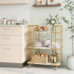 Costway Buffet Serving Cart 3 Tier Rolling Bar Cart With White Faux Marble Shelves & Golden Metal Frame White - thumbnail 5