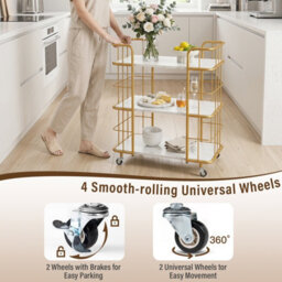 Costway Buffet Serving Cart 3 Tier Rolling Bar Cart With White Faux Marble Shelves & Golden Metal Frame White - thumbnail 7