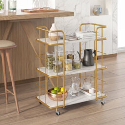 Costway Buffet Serving Cart 3 Tier Rolling Bar Cart With White Faux Marble Shelves & Golden Metal Frame White - thumbnail 4