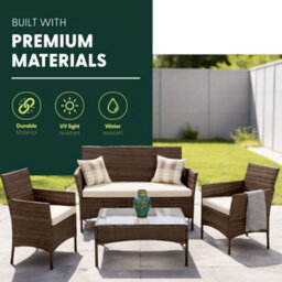 Keplin 4-Piece Rattan Garden Furniture Set Outdoor Lounger Sofa, Stackable Chairs & Bistro Table Uv-Resistant, Brown - thumbnail 3
