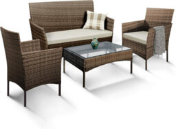 Keplin 4-Piece Rattan Garden Furniture Set Outdoor Lounger Sofa, Stackable Chairs & Bistro Table Uv-Resistant, Brown - thumbnail 1
