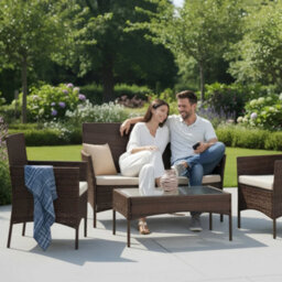 Keplin 4-Piece Rattan Garden Furniture Set Outdoor Lounger Sofa, Stackable Chairs & Bistro Table Uv-Resistant, Brown - thumbnail 6