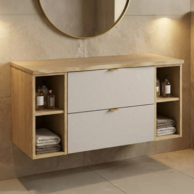 Heze Furniture Dalia Bathroom Cabinet Vanity  100Cm With Two Open Shelving In Cashmere & Cremona Oak - image 1