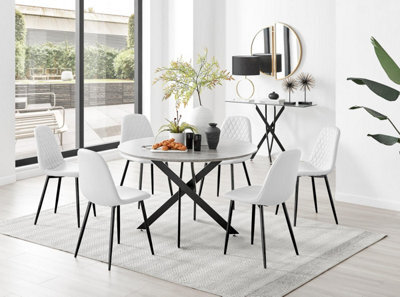 Furniturebox Uk Novara Grey Concrete Effect Black Leg 120Cm Round Dining Table & 6 White Corona Black Leg Chairs - image 1
