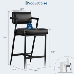 Set Of 2 Bar Stools Tall Bar Chairs With Thick Cushion & Metal Legs Upholstered Counter Height Bar Stools - Black - thumbnail 2