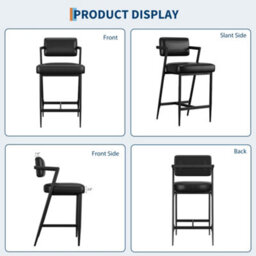 Set Of 2 Bar Stools Tall Bar Chairs With Thick Cushion & Metal Legs Upholstered Counter Height Bar Stools - Black - thumbnail 3