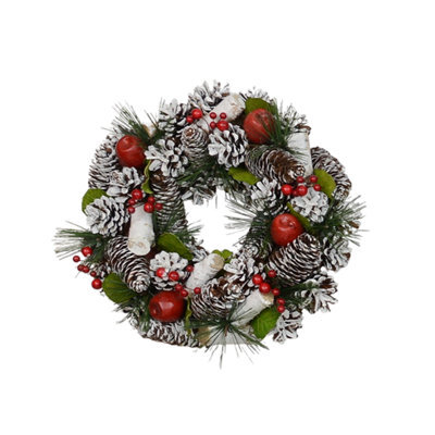 Christmas Wreath 30Cm - Frosted Pine Cones & Red Apples - image 1