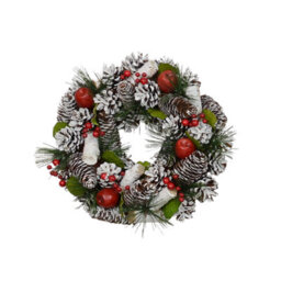 Christmas Wreath 30Cm - Frosted Pine Cones & Red Apples