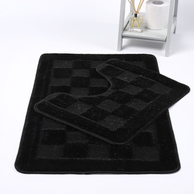 Homes & Linen Bath Mat & Pedestal Set 2 Piece Squares Black Non Slip Bathroom Toilet Rug Bath Mats Set