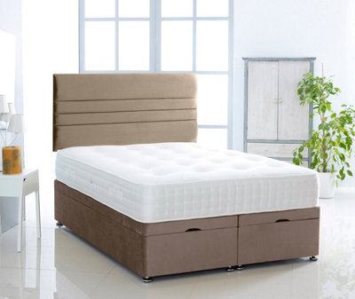 Comfy Deluxe Coffee Plush Foot Lift Ottoman Bed With Memory Spring Mattress And    Horizontal   Headboard 4Ft6 Double - image 1