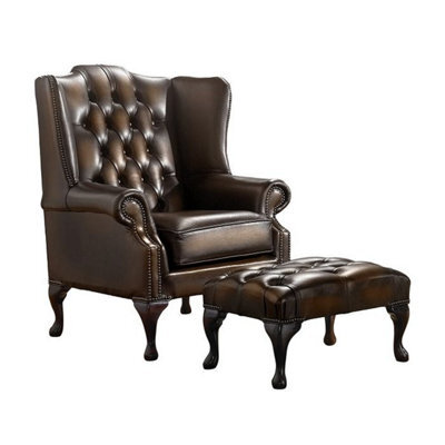 Chesterfield Flat Wing Chair + Footstool Antique Brown Leather In Mallory Style
