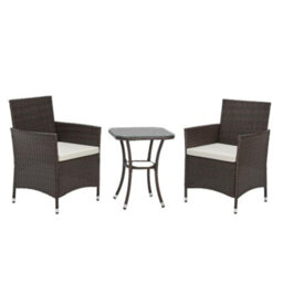 Evre Copenhagen Brown Outdoor Rattan Garden Bistro Set 2 Seater Wicker Table & Chairs Furniture With Cushions Glass Coffee Table - thumbnail 1