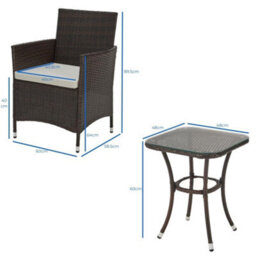 Evre Copenhagen Brown Outdoor Rattan Garden Bistro Set 2 Seater Wicker Table & Chairs Furniture With Cushions Glass Coffee Table - thumbnail 4