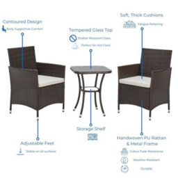 Evre Copenhagen Brown Outdoor Rattan Garden Bistro Set 2 Seater Wicker Table & Chairs Furniture With Cushions Glass Coffee Table - thumbnail 3