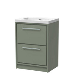 Balterley Longnor Modern Bathroom 2 Soft-Close Drawer Floor Standing Vanity Unit Fireclay Basin, Fern Green, 600mm - thumbnail 1