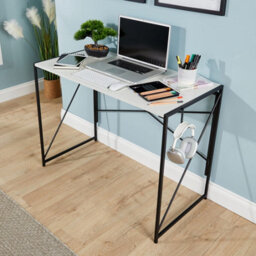 Home Source Brampton Folding White Compact Desk Storage Hook Wood And Metal Home Office Workstation - thumbnail 4