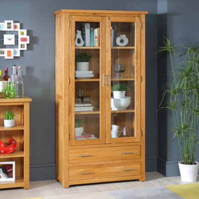 The Furniture Market London Oak Glazed 2 Door 2 Drawer Tall Display Cabinet Unit - image 1