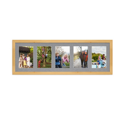 AK Frames 26X8 Light Oak Classic Multi Photo Frame With Mid Grey Mount - Holds 5 Apertures (5X) 6X4 Photos