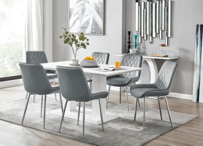 Furniturebox Imperia White High Gloss 6 Seater Dining Table With Structural 2 Plinth Column Legs 6 Grey Velvet Silver Leg Pesaro Chairs - image 1