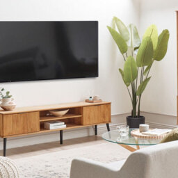 Wyld And Coco Rustic Light Pine Tv Stand, 2 Doors, Industrial-Style Black Legs, W180 X D40 X H56Cm - thumbnail 2