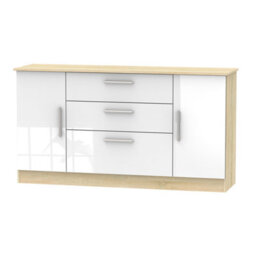 Trent Wide 2 Door 3 Drawer Sideboard In White Gloss & Bardolino Oak (Ready Assembled)