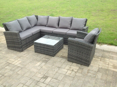 Fimous 7 Seater High Back Dark Grey Mixed Pe Rattan Corner Sofa Set Chair Square Coffee Table Outdoor Furniture - image 1