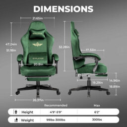Gtplayer Fabric Gaming Chair, Ergonomic Height Adjustable Computer Chair With Footrest And Lumbar Support, Green - thumbnail 3
