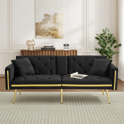 Abrihome Two-Seater Sofa Bed With Adjustable Backrest, Gold Accents & Built-In Cup Holders, Space-Saving Convertible, Black - image 1