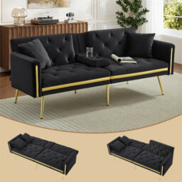 Abrihome Two-Seater Sofa Bed With Adjustable Backrest, Gold Accents & Built-In Cup Holders, Space-Saving Convertible, Black - thumbnail 2