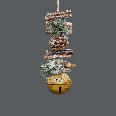Shatchi Hanging Decoration With Jingle Bells Wooden Sticks, Berries And Pinecones Christmas Home Wall Door 33Cm Golden - image 1