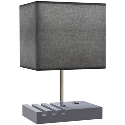 Wyld Haus Kata Grey Fabric Bedside Table Lamp With Solid Wood Base, Usb-A & Usb-C Charging, Phone Stands - image 1