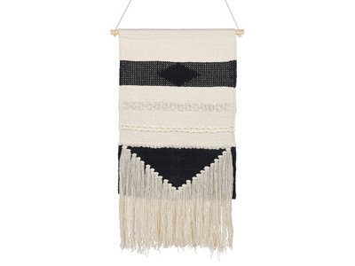 Beliani Handwoven Beige Cotton Wall Hanging With Tassels, Black Geometric Pattern, 44 X 107 Cm - image 1