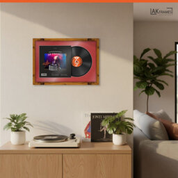 "AK Frames 25X17"" Rustic Oak Modern Vinyl Record Frame With Crimson Mount For 12 Inch Lp Cover & Disc - Overlapped Design" - thumbnail 5