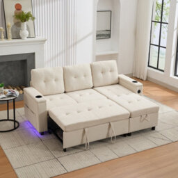 Btm L Shaped Sofa Bed With Storage, 3 Seater, Usb, Led Lights, 2 Cup Holders, Beige, 208X146X89.5Cm - thumbnail 1