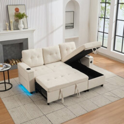 Btm L Shaped Sofa Bed With Storage, 3 Seater, Usb, Led Lights, 2 Cup Holders, Beige, 208X146X89.5Cm - thumbnail 2
