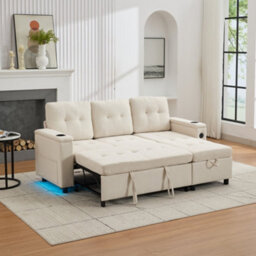 Btm L Shaped Sofa Bed With Storage, 3 Seater, Usb, Led Lights, 2 Cup Holders, Beige, 208X146X89.5Cm - thumbnail 4