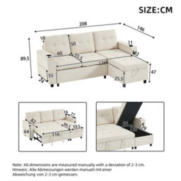 Btm L Shaped Sofa Bed With Storage, 3 Seater, Usb, Led Lights, 2 Cup Holders, Beige, 208X146X89.5Cm - thumbnail 7