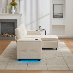 Btm L Shaped Sofa Bed With Storage, 3 Seater, Usb, Led Lights, 2 Cup Holders, Beige, 208X146X89.5Cm - thumbnail 6