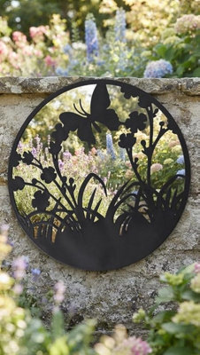 Biznest Round Mirrored Wall Mounted Floral Art For Indoor Or Outdoor Patio Use Cutout Framed Butterfly Natural Home Decor 50Cm Dia