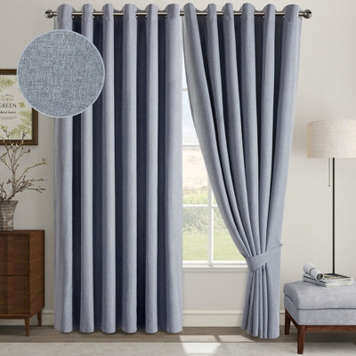 Aspire Homeware Grey Linen 100% Blackout Curtain Thermal Insulated Eyelet Curtain Pair (W)168Cm X (D)228Cm With Tie Back