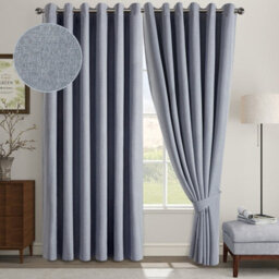 Aspire Homeware Grey Linen 100% Blackout Curtain Thermal Insulated Eyelet Curtain Pair (W)168Cm X (D)228Cm With Tie Back