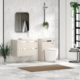 Royal Bathrooms Orion 800mm Warm Taupe Wall Hung Plain White Countertop Vanity Unit 2 Drawer With Qubix Basin & Chrome Accent Trim - thumbnail 3