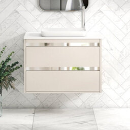 Royal Bathrooms Orion 800mm Warm Taupe Wall Hung Plain White Countertop Vanity Unit 2 Drawer With Qubix Basin & Chrome Accent Trim - thumbnail 1