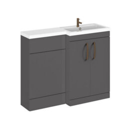 Balterley Right-Hand Bathroom Vanity And Wc Unit Combination With Basin - 1100mm - Gloss Grey With Brushed Bronze Handles
