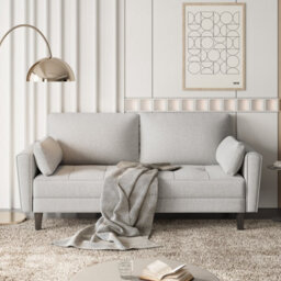 Yaheetech Linen Fabric  Upholstered 2 Seater Sofa Couch With 2 Pillows Griege