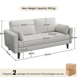 Yaheetech Linen Fabric  Upholstered 2 Seater Sofa Couch With 2 Pillows Griege - thumbnail 3