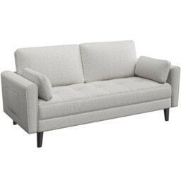 Yaheetech Linen Fabric  Upholstered 2 Seater Sofa Couch With 2 Pillows Griege - thumbnail 2