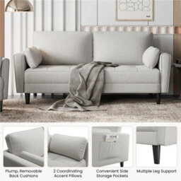 Yaheetech Linen Fabric  Upholstered 2 Seater Sofa Couch With 2 Pillows Griege - thumbnail 4